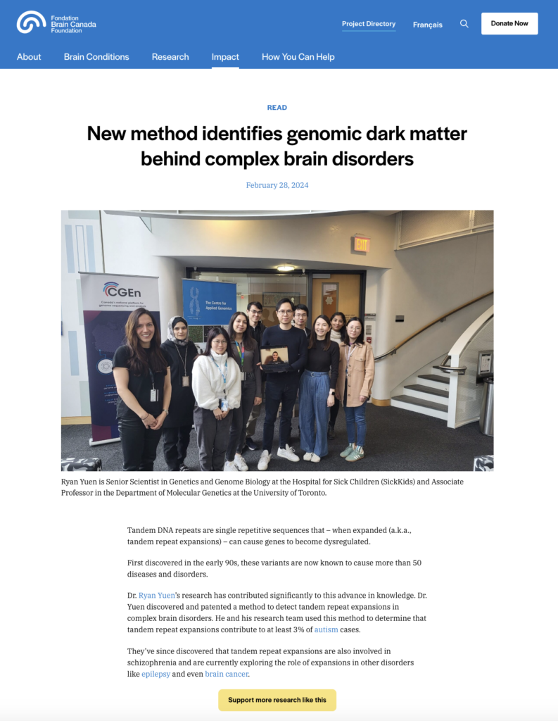 Screenshot of Brain Canada website showing an article titled "New method identifies genomic dark matter behind complex brain disorders" and a picture of members of the Yuen Lab standing in a group